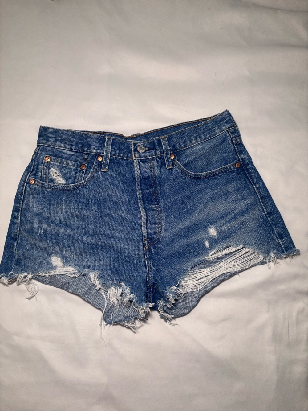 Levi's Dark Blue Denim Frayed Cutoff Shorts - Picture 4 of 7